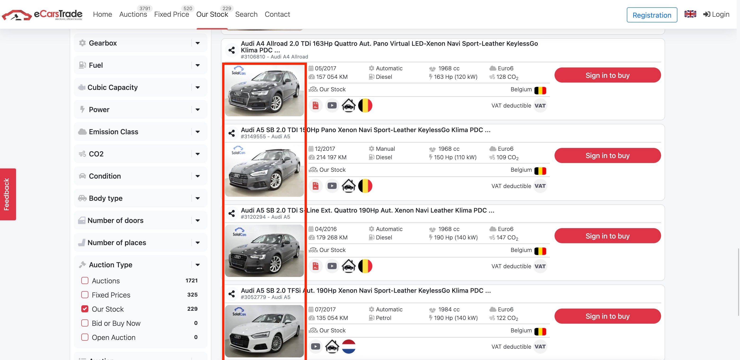 Capture d'écran eCarsTrade du site Web montrant des photos de voitures